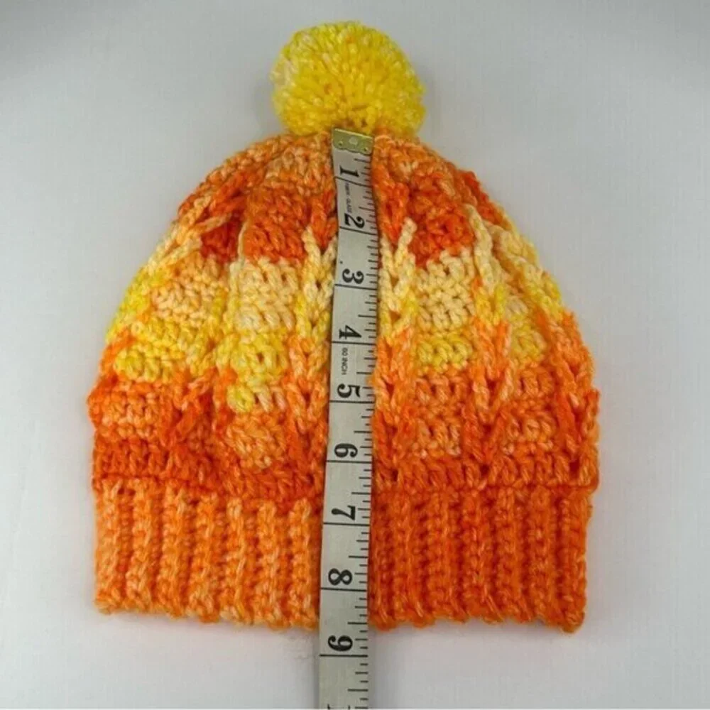 Created By Cyd Crochet Beanie Orange Yellow Gradient Pom Pom Cable Knit Hat NEW